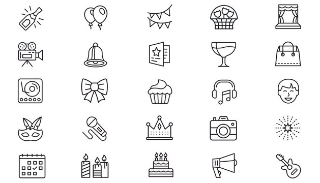 25 Minimalist Black Vector Icon Set Bundle: Collection of Line Art Symbols for Celebration, Business, Music, and Lifestyle including Camera, Cake, Microphone, Crown, Calendar, and Shopping Bag.