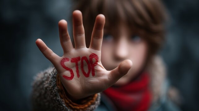 Child holds hand up with red stop sign in a serious expression in an urban setting during the day