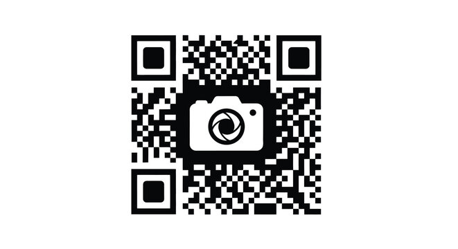 A black and white image depicting a qr code with a camera icon embedded within it