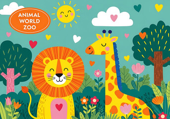 Obraz premium Cute cartoon animals at the zoo a cheerful lion and giraffe in a vibrant, colorful landscape
