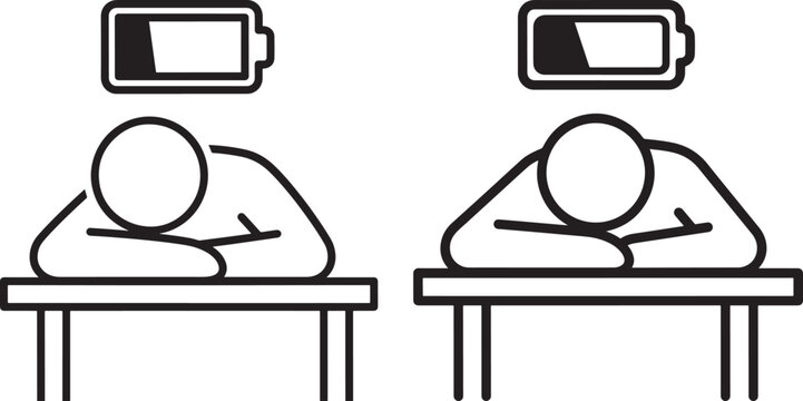 Tired person sleeping on desk with low battery icon