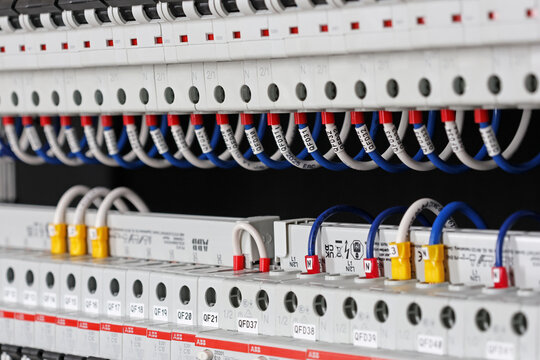 Circuit breakers from ABB to protect electrical loads from short-circuiting. Installed in the electrical control panel. 