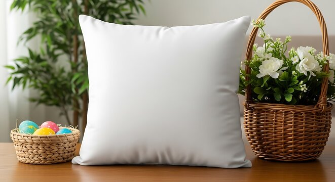 A blank white pillow, Easter eggs, and a basket of flowers on a table