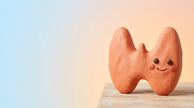 Clay thyroid character smile cute health anatomy organ endocrine medical clay thyroid character with cute smile face wooden table, pastel gradient background, copy space for healthcare concept