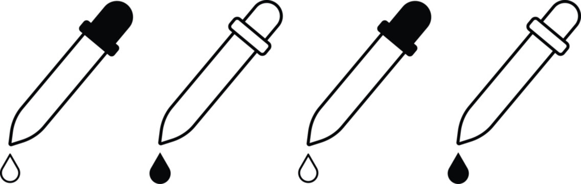 Four dropper bottles with different caps and droppings  medical tools