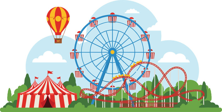 Honey bee flying icon in flat cartoon style and amusement park landscape with ferris wheel roller coaster circus tent and hot air balloon vector illustration