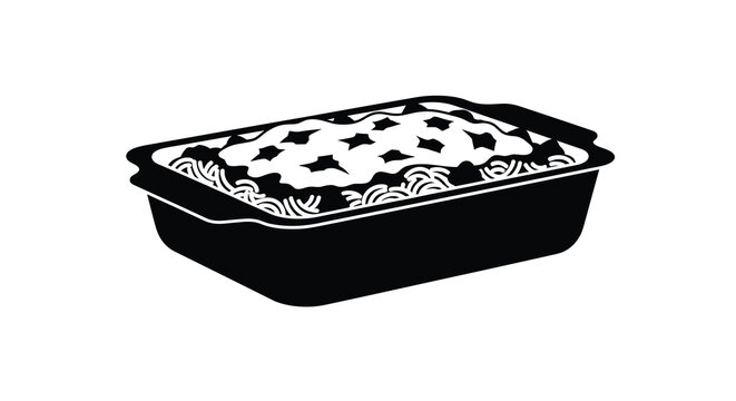 A monochrome illustration depicts a rectangular aluminum baking dish filled with a bubbly casserole high quality