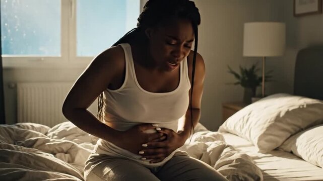Woman Clutching Stomach in Pain While Sitting on Bed