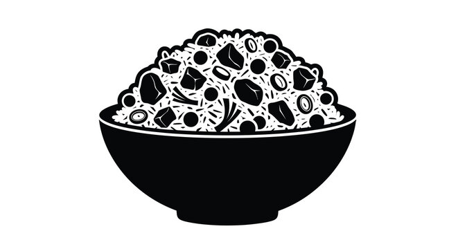 A black and white illustration of a bowl brimming with a variety of textured food items