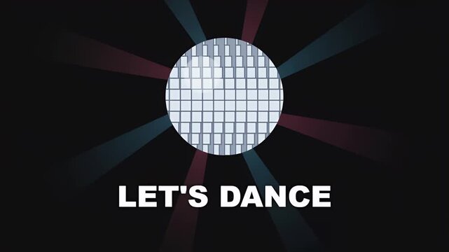 Shimmering mirror ball with let's dance text and colorful light rays for nightclub parties