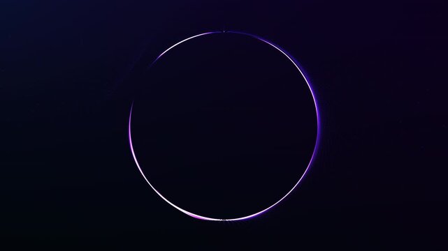 Glowing purple neon ring with spiral particle trail on dark background. Futuristic energy loop with smooth rotation, digital depth and elegant sci fi motion.