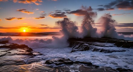 Fototapeta premium Ocean waves crash violently against the rugged dark rocky coastline during a dramatic golden sunset as the water sprays high into the air under a beautiful orange and purple twilight horizon sky.