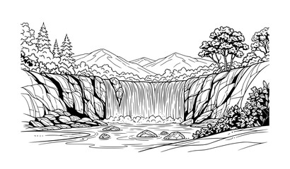 Fototapeta premium Waterfall in Hills Landscape Vector Illustration Black and White