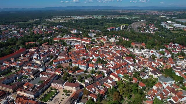 Aerial view beside the old town of the city Bruchsal in Germany, Baden-W&uuml;rttemberg on a sunny day in spring.