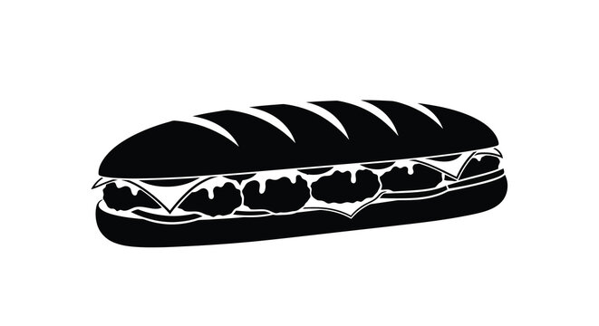 A black and white illustration depicts a long sandwich likely a sub or hoagie in profile