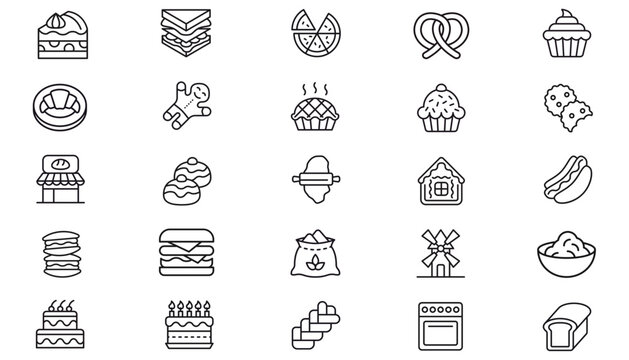 Bakery and Food Vector Icon Set: 25 Minimalist Black Line Art Symbols including Cupcake, Pizza, Burger, Bread, Cake, Cookies, Kitchen Tools, Restaurant Graphics, and Cooking Icons for Web Design.