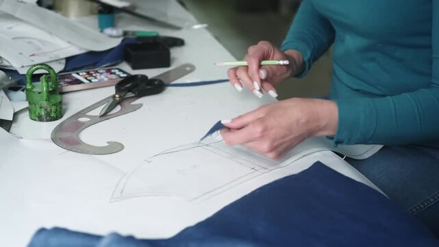 Sewing workshop. Apparel manufacturing. Female fashion designer hand marking with pencil paper patterns template to cutting clothing.
