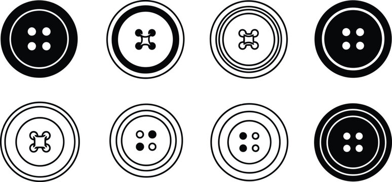 A vector graphic illustration featuring a diverse collection of eight clothing buttons.