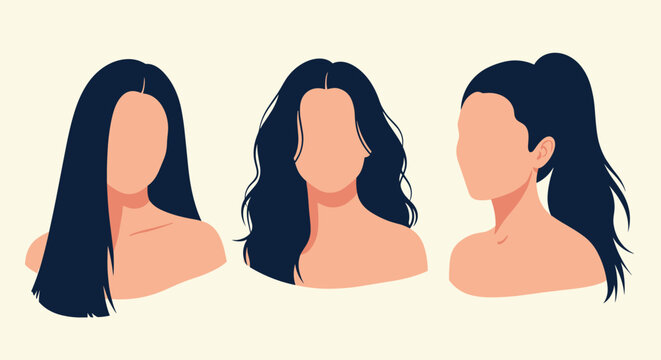 Collection of three faceless female portraits showcasing different hair styles like long straight hair, waves, and a high ponytail.