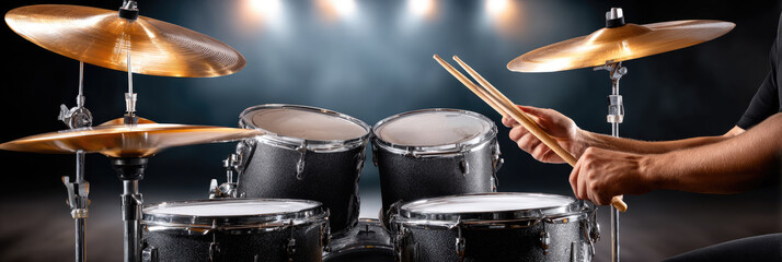Obraz premium Musician playing drum kit on stage, drummer hands holding drumsticks striking snare drum, capturing rhythm, sound, energy, and musical performance concept