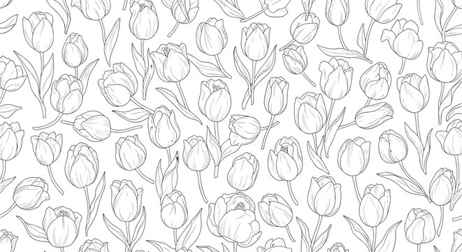 Elegant seamless pattern featuring numerous hand-drawn tulip flowers in a minimalist black and white line art style for textiles.