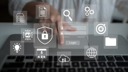 Fototapeta premium A user interacts with a login interface on a laptop, featuring technology icons that symbolize cybersecurity, data management, cloud services, and user experience. Gantry