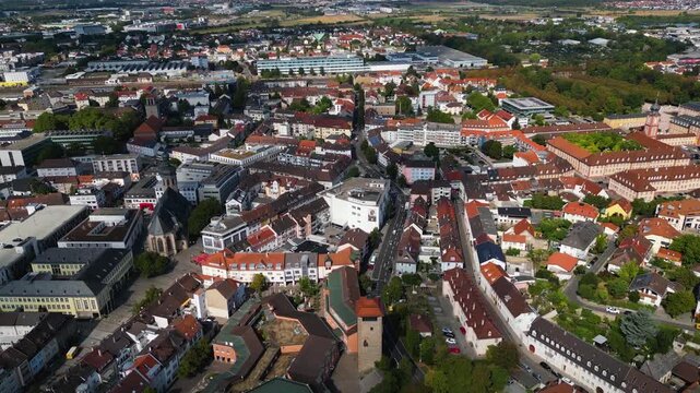 Aerial view beside the old town of the city Bruchsal in Germany, Baden-W&uuml;rttemberg on a sunny day in spring.