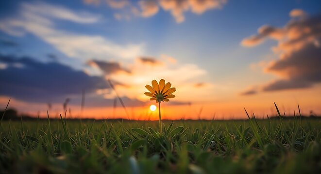 A lone yellow flower stands tall, silhouetted against a vibrant sunset over a grassy field
