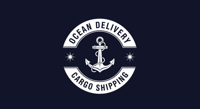 Vintage nautical logo for ocean delivery cargo shipping featuring an anchor symbol and decorative stars on a dark navy background.