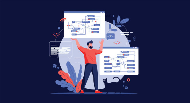 Web developer or programmer standing against a dark background with floating code windows, digital diagrams, and a black cat silhouette.