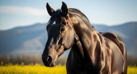 Obraz premium A majestic dark horse portrait with a white blaze, set against a blurred landscape