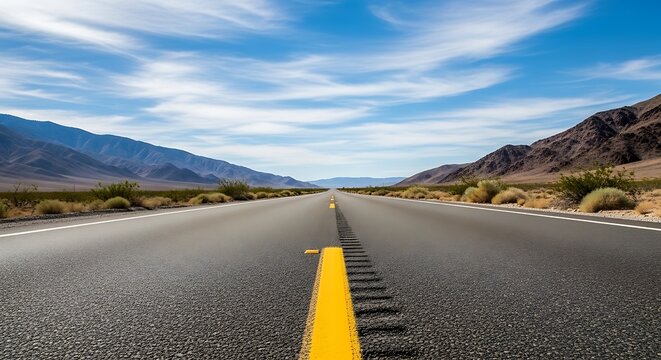 A long, straight asphalt road disappears into the horizon, flanked by mountains and sky