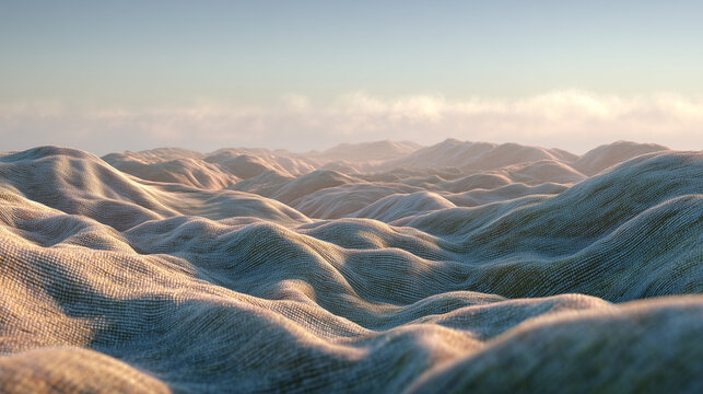 Surreal landscape with mountains made of textured fabric cloth under cloudy sky, abstract nature concept, textile terrain