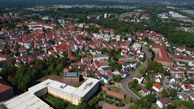 Aerial view beside the old town above the city Germersheim on an early spring morning in Germany