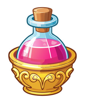 round pink potion bottle gold frame fantasy alchemist equipment mystical liquid adventure game icon decorative glass jar elixir spell ingredient design