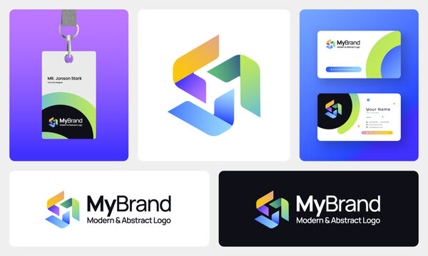 Modern Abstract Logo, Minimalist Geometric Branding, Gradient, Futuristic Business Professional Design with ID and business card 