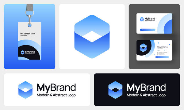 Modern Abstract Logo, Minimalist Geometric Branding, Gradient, Futuristic Business Professional Design with ID and business card 