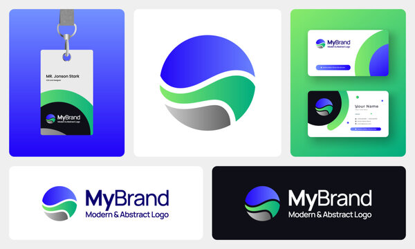 Modern Abstract Logo, Minimalist Geometric Branding, Gradient, Futuristic Business Professional Design with ID and business card 