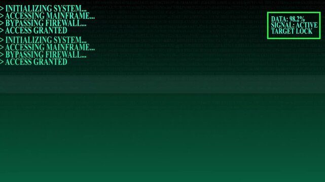 Digital system initializing and accessing main frame with data percentage, signal status, and target lock computer code text screen interface computer code text screen interface