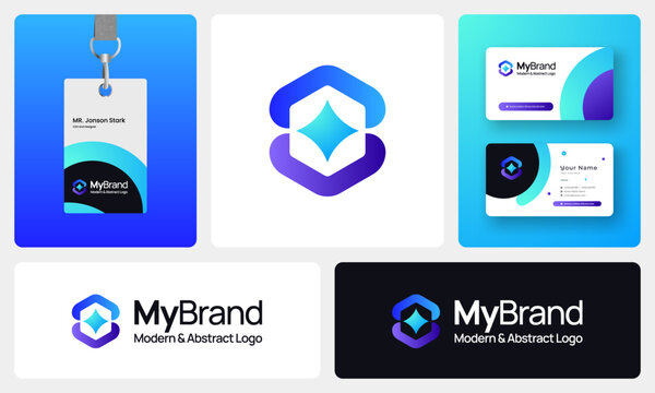 Modern Abstract Logo, Minimalist Geometric Branding, Gradient, Futuristic Business Professional Design with ID and business card 
