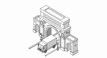 Naklejka premium Isometric Line Art Illustration of a Delivery Truck Driving Through a Historical City Archway or Gate