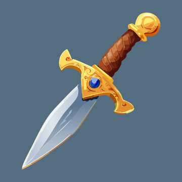 Steel dagger with golden hilt for fantasy rogue character weapon stealth combat equipment game inventory battle weapon speed attack tool object asset icon