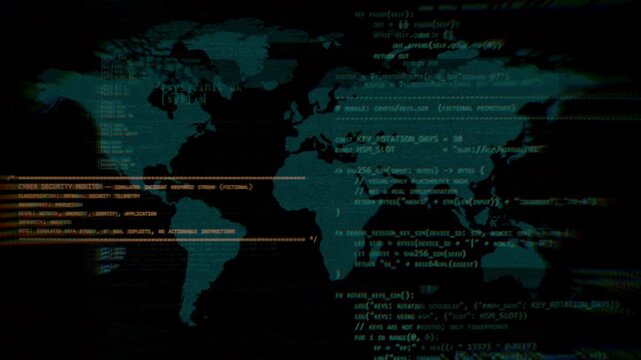 Cyber security code background with world map and digital glitch effect