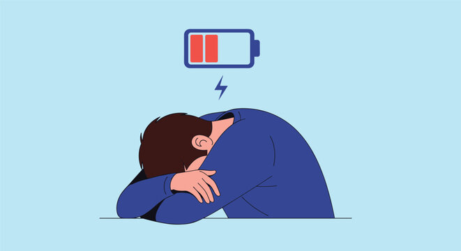 Tired man leaning his head on his arms with a low battery icon above his head representing burnout, fatigue, and exhaustion.