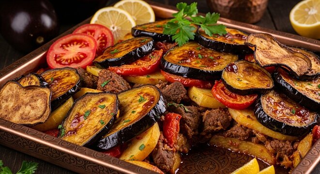 Iraqi tepsi baytinjan layered eggplant and meat casserole in rich tomato sauce