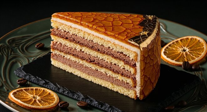 Hungarian Dobos torte slice with caramel glaze in dramatic close-up on black slate with rich layered textures