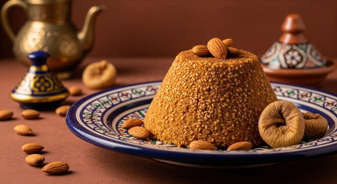 Moroccan sellou dessert with toasted flour, almonds, and sesame on zellige plate