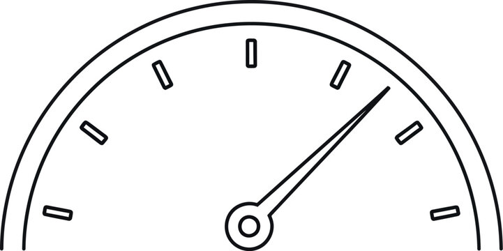 Speedometer gauge icon featuring a thin needle pointing towards the right side indicating high performance levels for automotive or digital data measurement and metric analysis