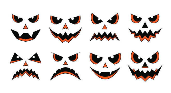Collection of spooky and humorous pumpkin faces with glowing orange eyes and sharp jagged mouths for Halloween.