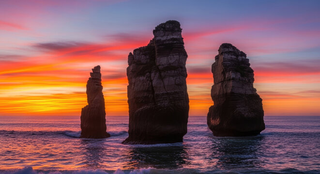 Three large rock formations in the ocean at sunset with colorful sky.